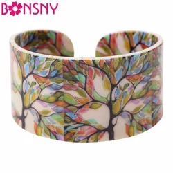 Bonsny Acrylic Colorful Tree Pattern Wide Retro Bracelets Bangles Fashion Jewelry For Women 2017 New Spring Summer Accessories