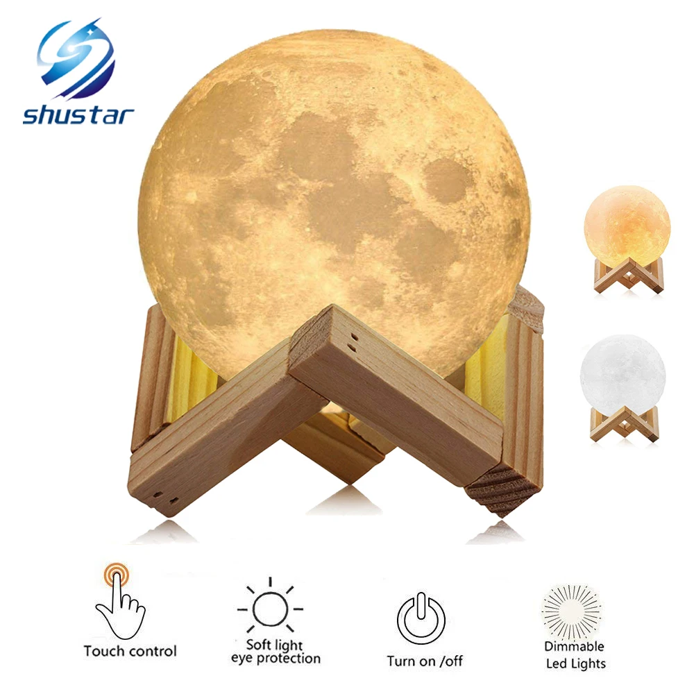 Rechargeable 3D Print Moon Lamp 2 Color Change Touch Switch Bedroom Bookcase Night Light Home Decor Creative Christmas Gift