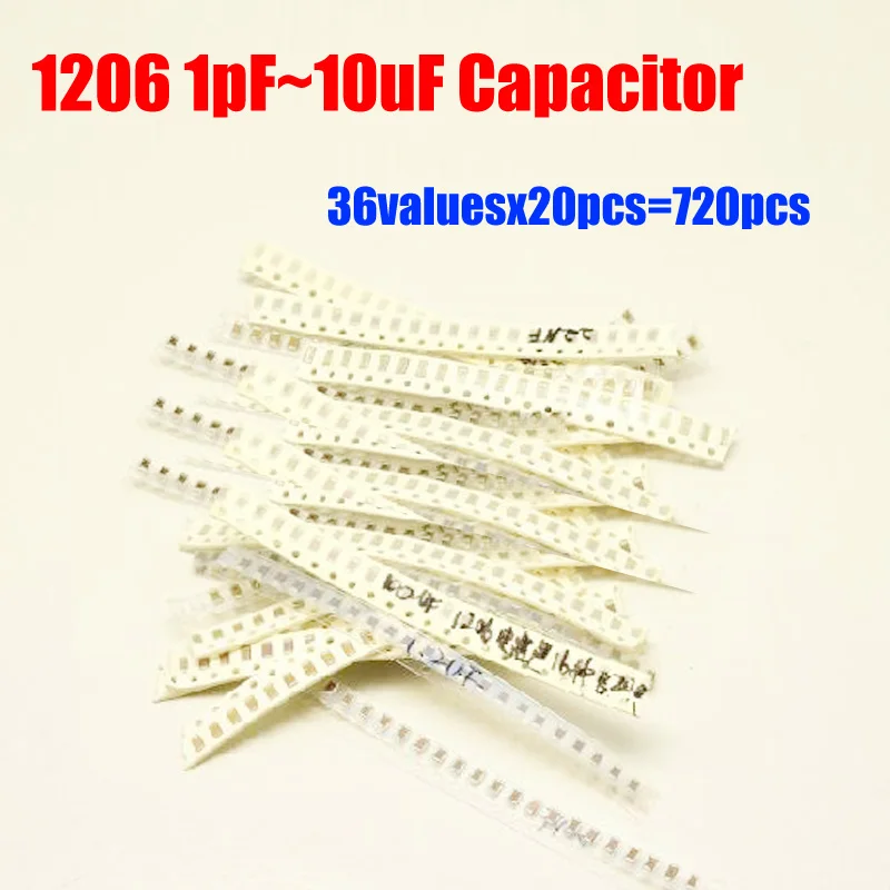 1206 SMD Capacitor Sample Kit 36valuesX20pcs=720pcs 1PF~10UF Capacitor Assortment Pack