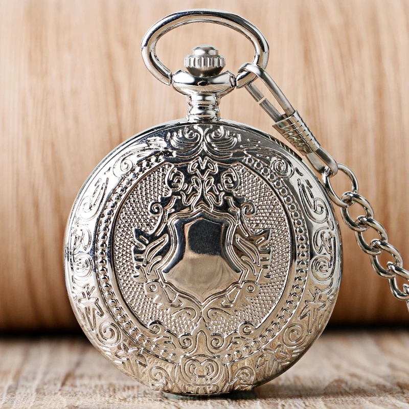 Luxury Silver Shield Pattern Round Dial Mechanical Pocket Watch Casual Antique Fob Watch For Men Women montre de poche mécanique