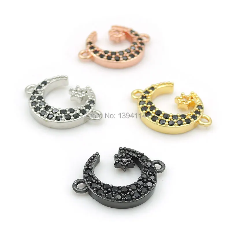 

17*12*3mm Micro Pave Black CZ Crescent Connector With Hexagram Fit For Women As DIY Bracelets Accessory