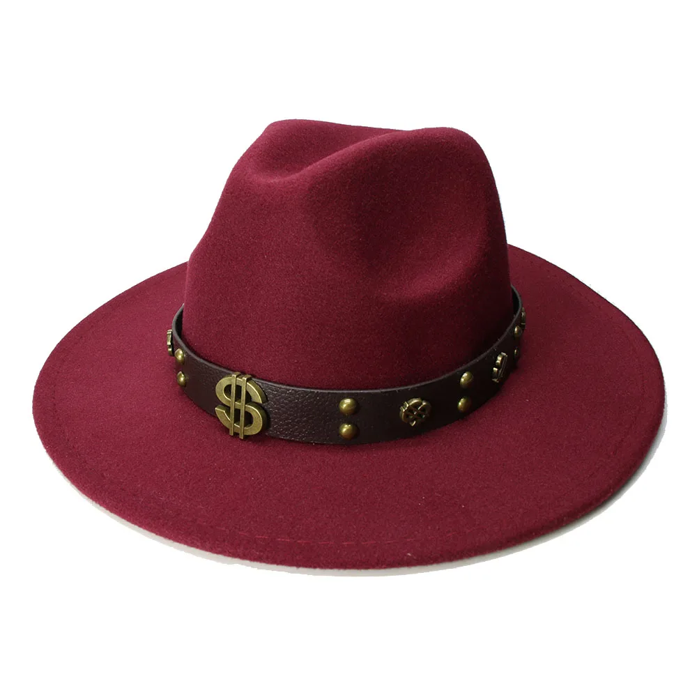 LUCKYLIANJI Retro Women Men Vintage 100% Wool Wide Brim Cap Fedora Panama Jazz Bowler Hat Dollar Leather Band (57cm/adjusted)