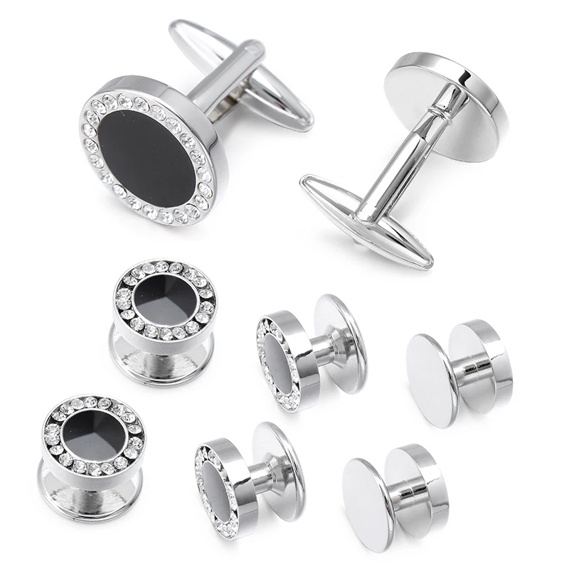 HAWSON High Quality Black Enamel Crystal Cufflinks and 6 Studs Set for Gentlemen Dress Tuxedo Accessories for Party and Wedding