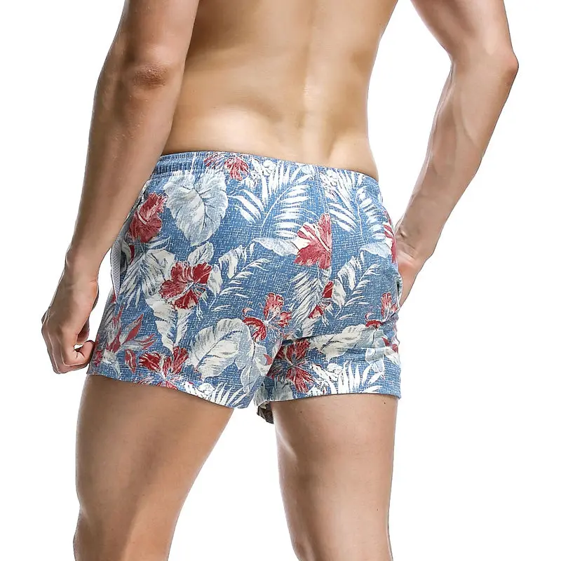 New Arrival Men's Light Blue Beach Shorts Red Flower Printed Surfing Shorts Mens Quick Dry Beach Pants Swimwear Swim Trunks