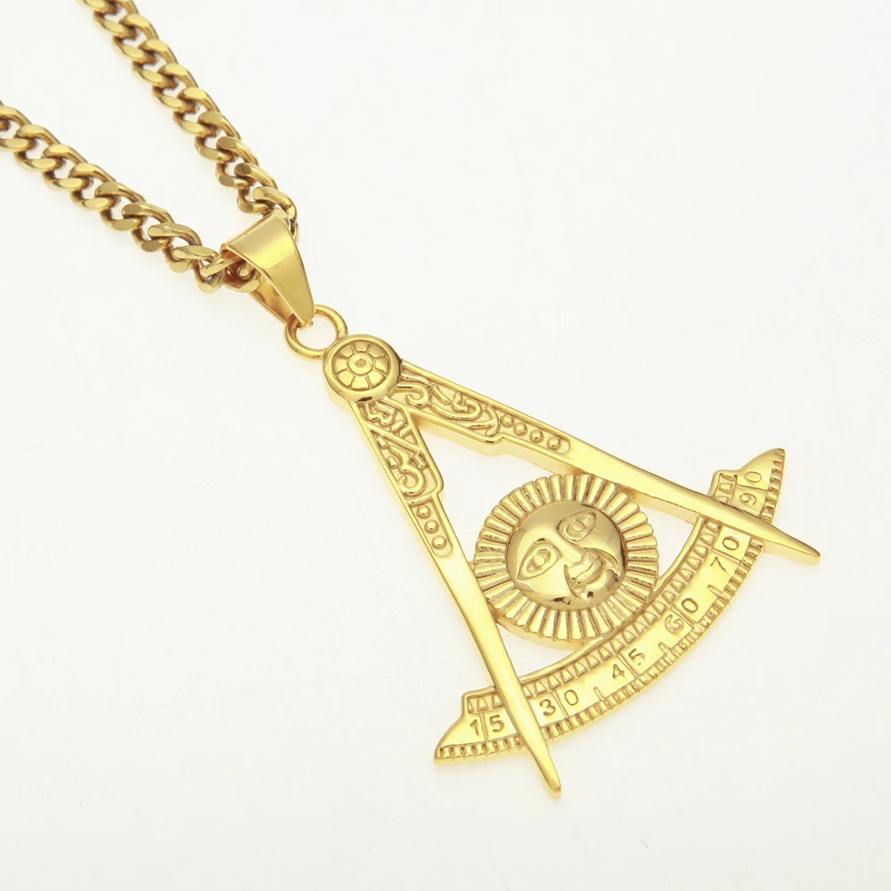 Stainless Steel Mens Gold Plated Past Master with Sun Masonic Pendant Necklace With 5mm 70cm Cuban Chain Regalia Freemas Jewelry