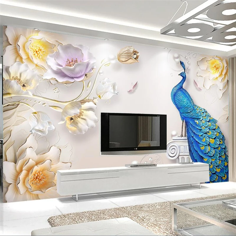 

papel de parede para quarto Custom wallpaper Jewelry relief peacock European style wall paper decoration painting papier peint