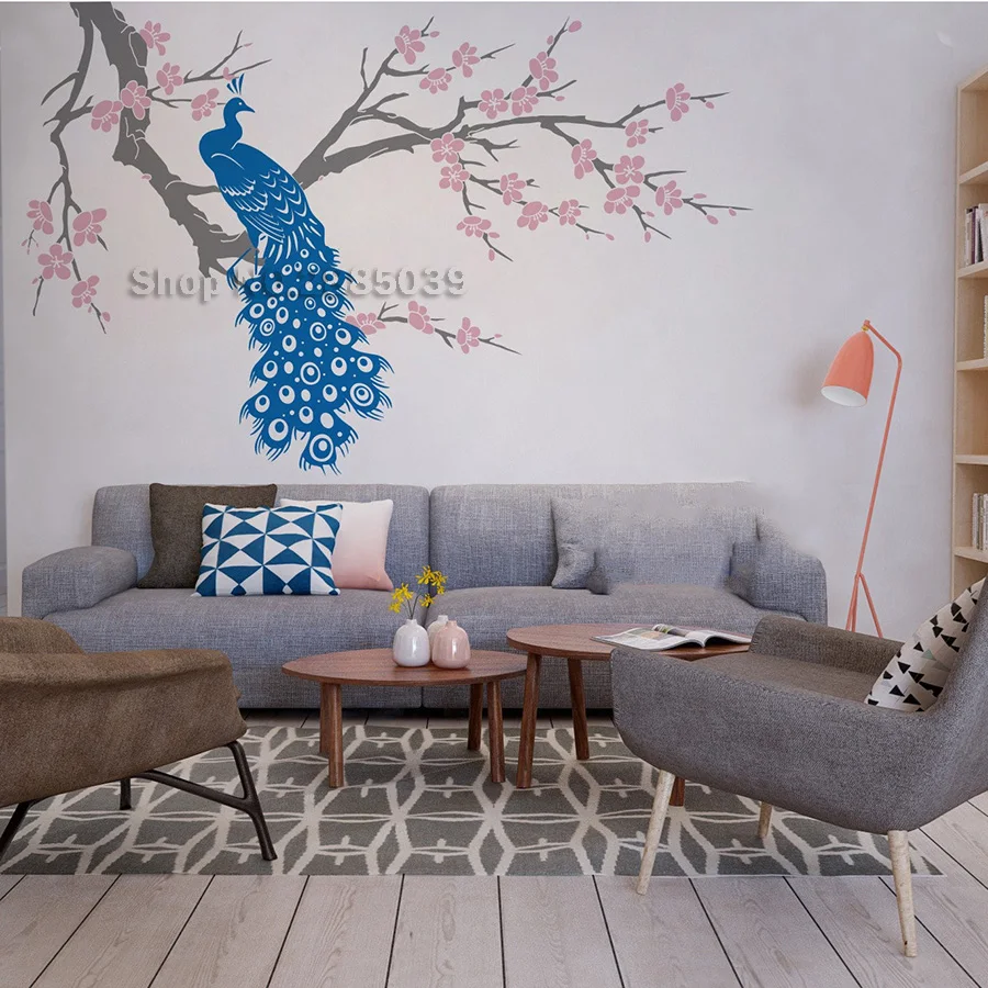 

Nature Design Wall Mural Nursery Wall Sticker Home Decor-Cherry Blossom Branch with Peacock Art Livingroom Sofa Background LC509