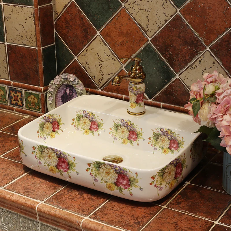 

Counter Top wash basin rectangular rose China Artistic ceramic wash basin bathroom sink