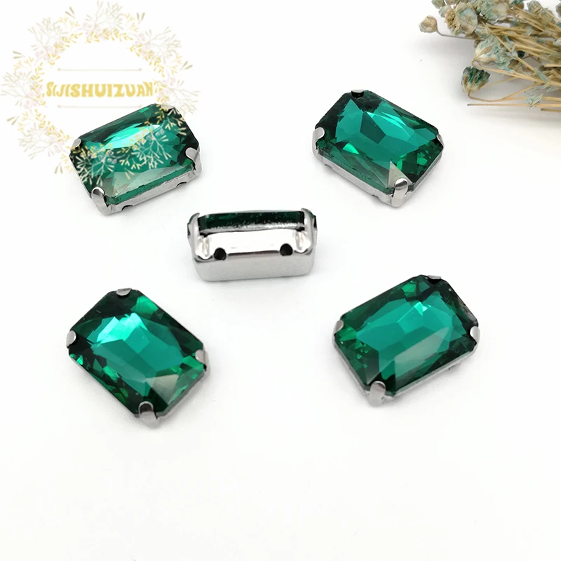 Malachite Green Rectangle Shape Glass Rhinestones With Silver Claw Sew On Crystal Stone Strass Diamond Metal Base Buckle