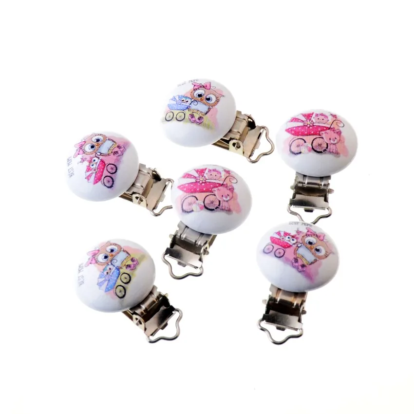 5PCs Baby Pacifier Clips Lovely Cartoon Pattern White Wood Metal Holders Cute Infant Soother Clasps Funny Accessories