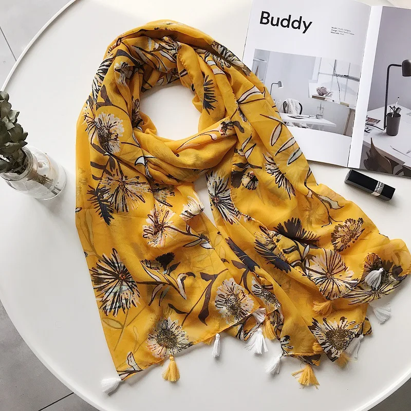 

2019 New Women Daisy Print Tassel Scarves And Shawls Sun Flower Print Tassel Wrap Hijab Scarf Wholesale 10pcs/lot Free Shipping
