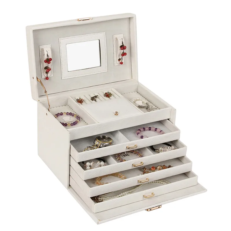 Large Jewelry Box Rings Earrings Velvet Display Organizer Girls Women Necklace Mirror Storage Case 4 Drawers Holder Gift ROWLING