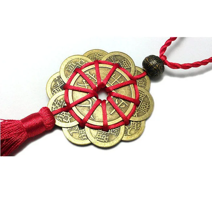 Home Car Decor 10 Lucky Red Chinese Knot FENG SHUI Set Charm Ancient I CHING Coins Prosperity Protection Good Fortune