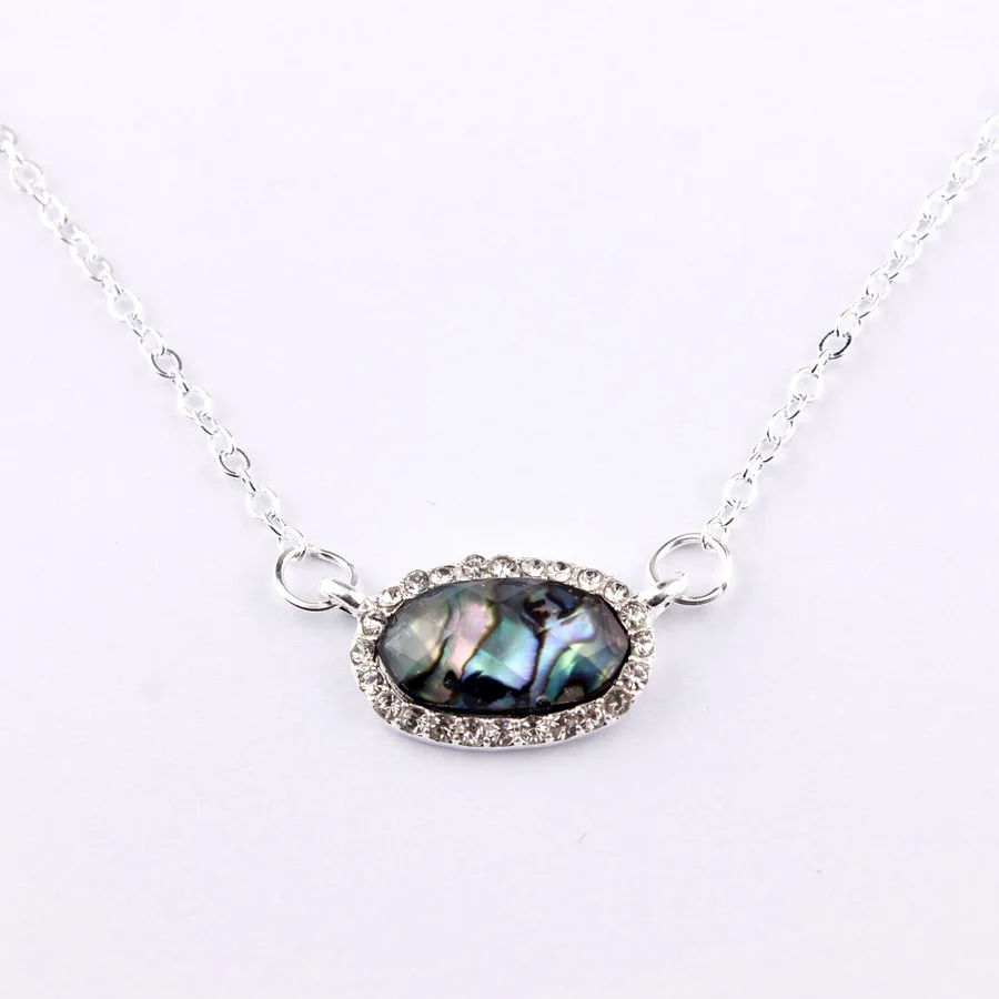 Fashion Trendy Women Jewelry Pave Crystals Oval Abalone Shell Resin Stone Short Chain Chokers Pendants Statement Necklaces