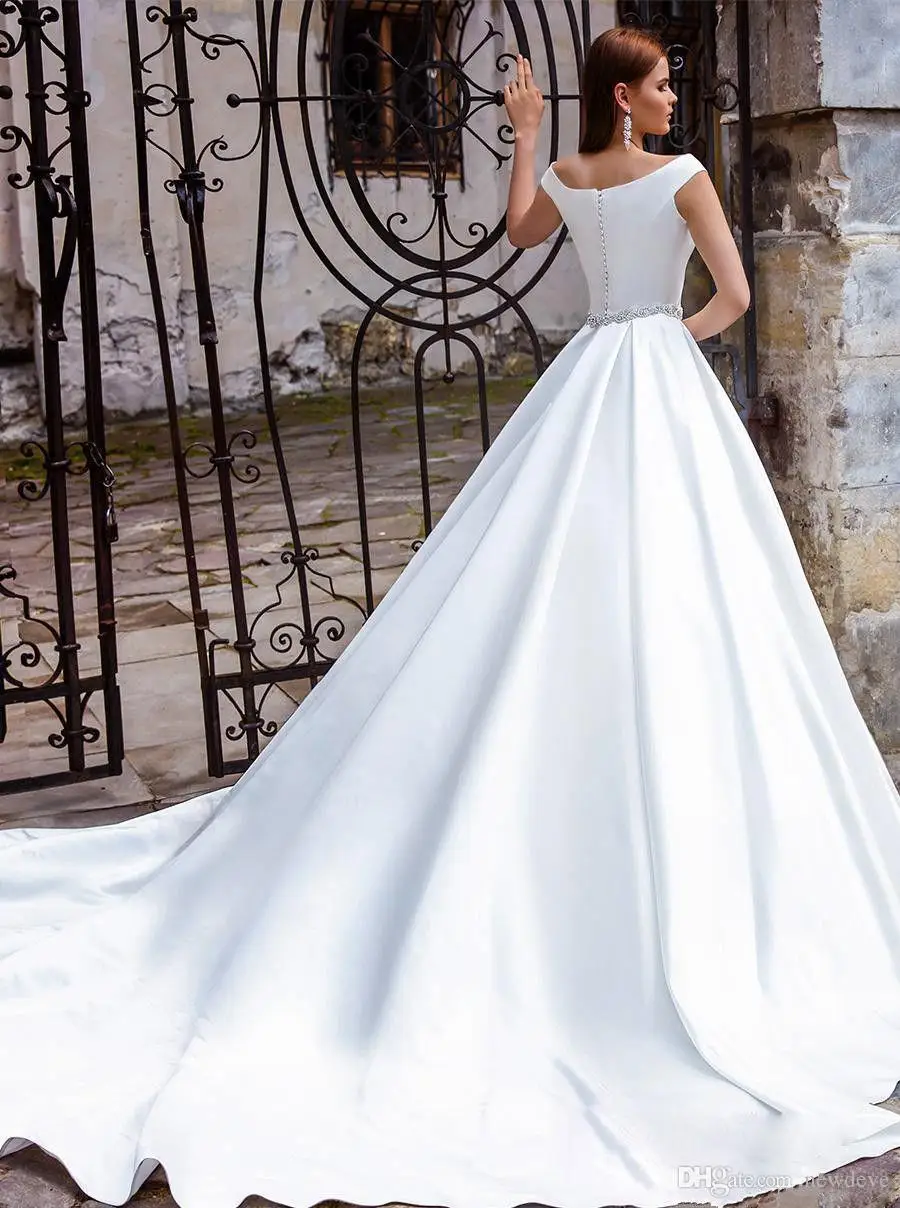 Elegante Satin Hochzeit Kleider Perlen Schärpe Brautkleider Plus Größe Aus Schulter Gericht Zug A-Line Hochzeit Kleid Robe