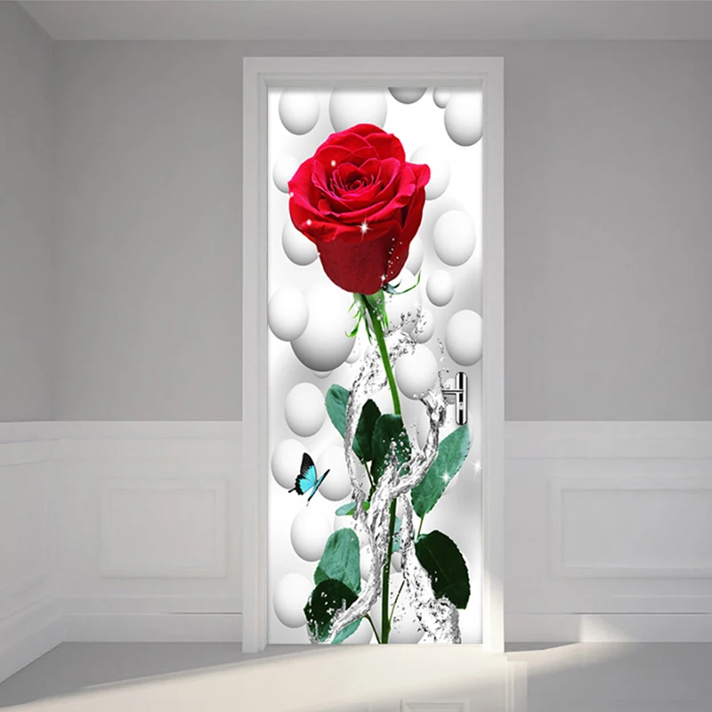 

Red Rose Flower 3D Wall Mural PVC Waterproof Self-Adhesive Door Sticker Modern Living Room Bedroom Door Sticker Wallpaper Murals