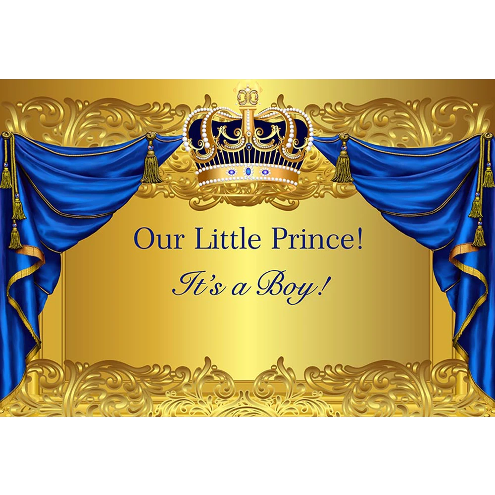 

Happy Birthday Backdrop for Baby Boy Shower Printed Gold Crown Blue Curtains Customized Texts Kids Party Theme Photo Background