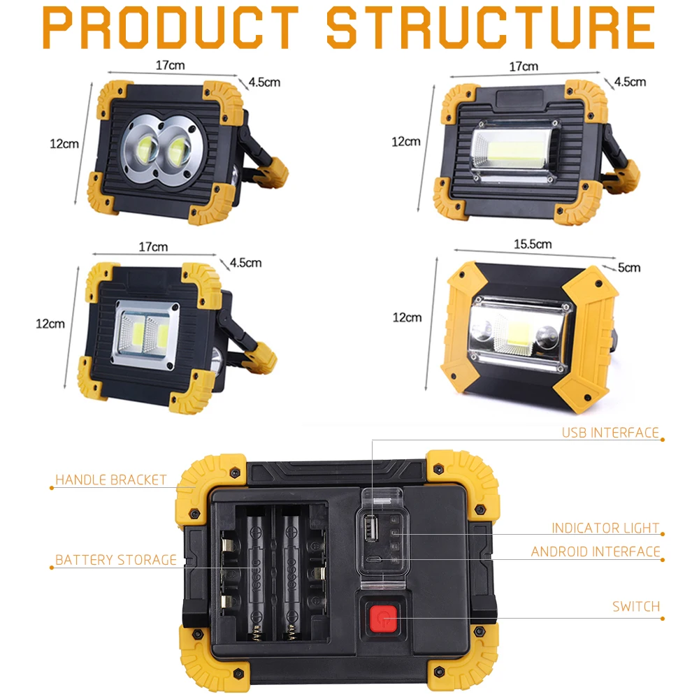 100w Professional Portable Spotlight 4000lm Super Bright Work Light USB Rechargeable For Outdoor Camping Lamp Flashlight 18650