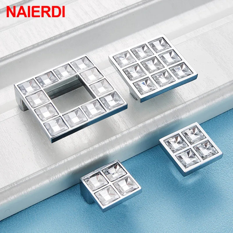 NAIERDI Crystal Glass Knobs Cabinet Handles Silver Crystal Cupboard Pulls Drawer Knobs Kitchen Furniture Handle Hardware