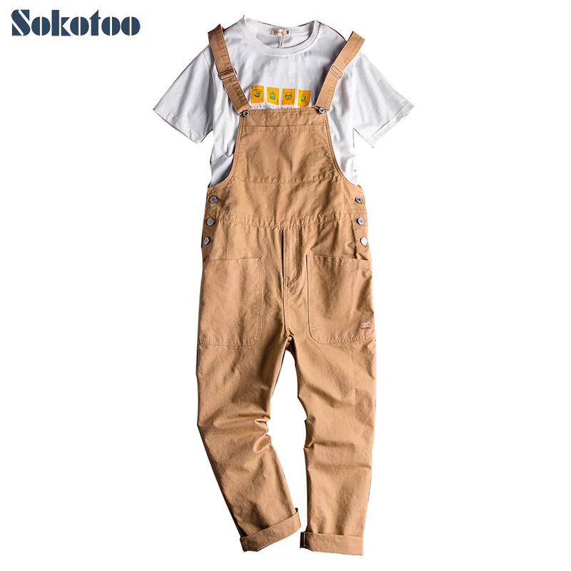 Men's loose big pockets cargo bib overalls Casual coveralls Suspenders jumpsuits Khaki Army green pants