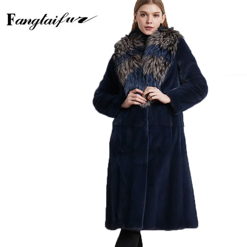 

Ftangaiur Winter Import Velvet Mink Fur Coats Full Sleeve With Fox Fur Collar Coats Long Soft X-Loss Slim Mink Fur Coats