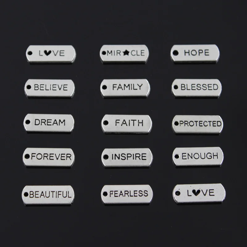 10pcs Charms Forever Faith Hope Brave Love Blessed Believe Dream Fearless Family 21x8mm Tibetan DIY Antique Pendants