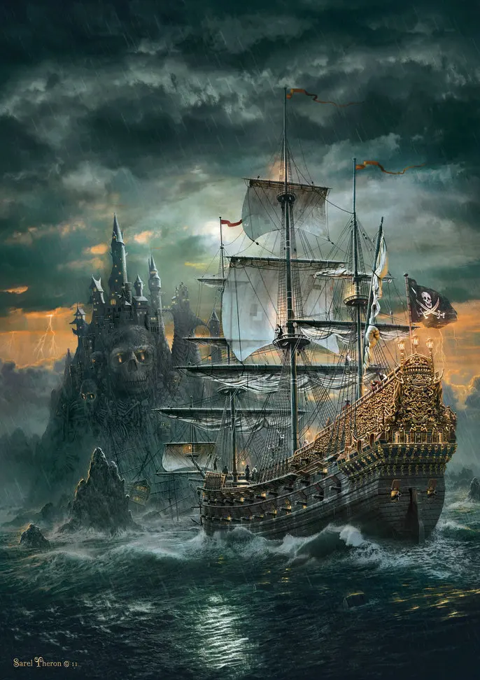 

pirate ship medieval spooky castle sea ocean backdrop High quality Computer print party background