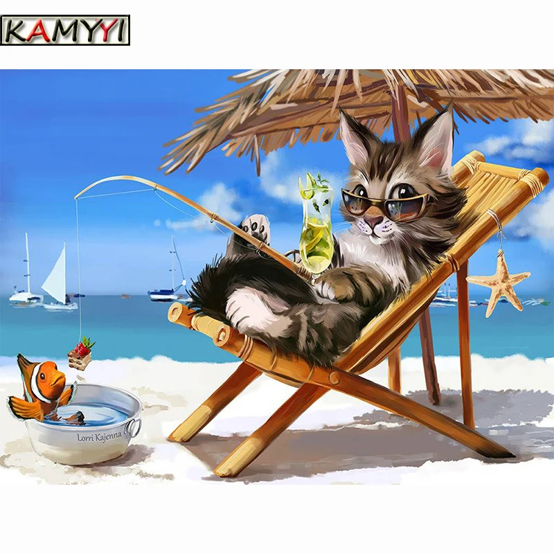 5D DIY Diamond Embroidery Diamond Painting Beach Fishing Cat Cross Stitch Full Square Rhinestone Mosaic Decoration Gift