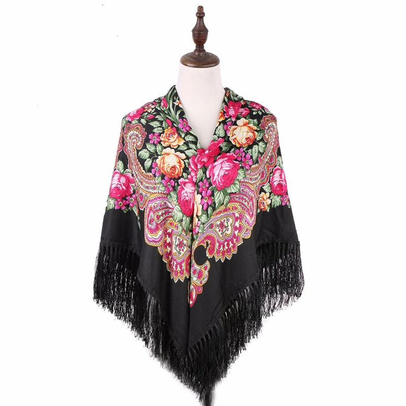 Fashion folk art 140*140 National Wind Twill Cotton and silk Tassel Russian Style high qualiy Print Scarf Shawl Floral Headscarf