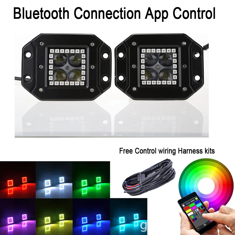 

2x 16W 4D Flush Mount LED Work Light Cube Pods Spot Flood with RGB Halo Ring Multicolor Change Strobe Music Flash Bluetooth