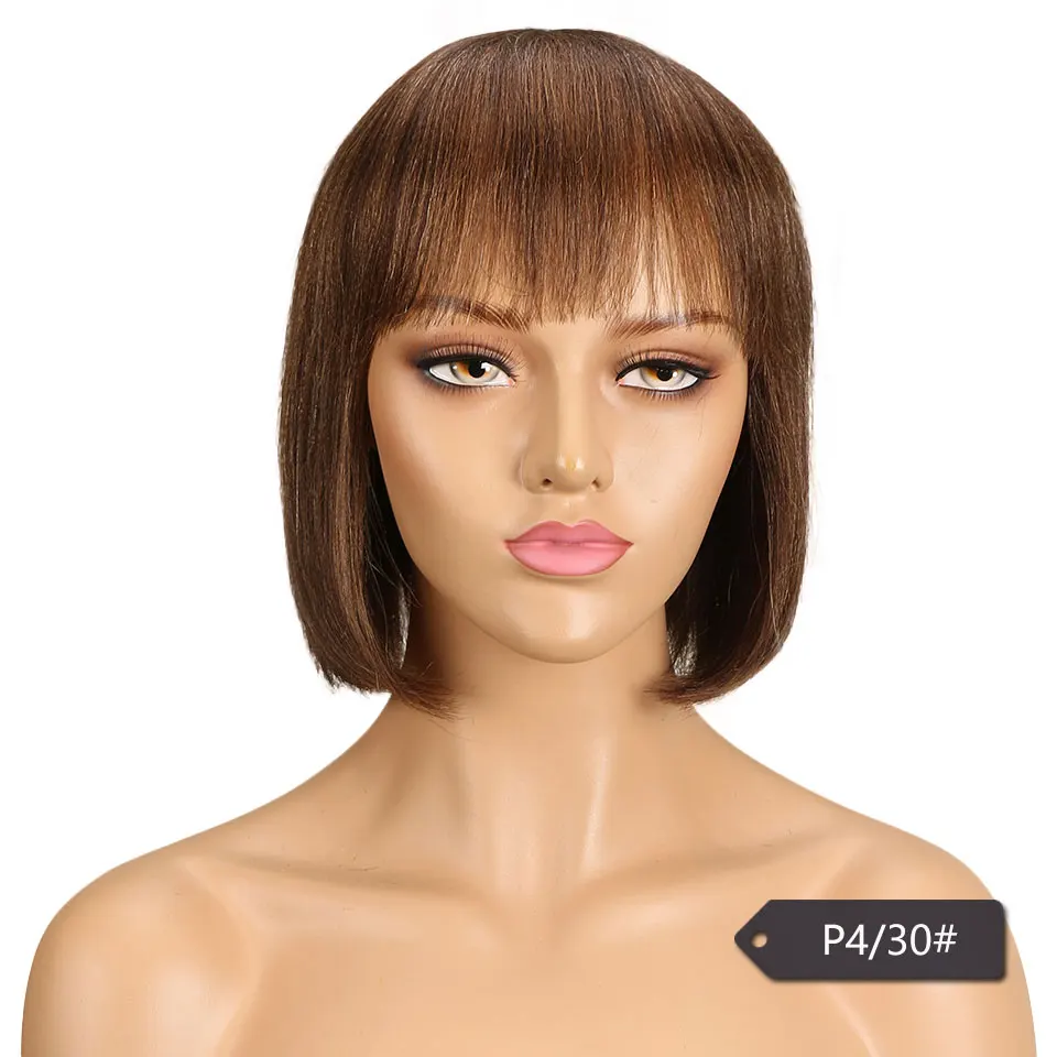 Schlanke kurze Bob Perücken mit Pony für Frauen p4/30 Highlight braune kurze Bob Echthaar Perücken rot gefärbte gerade brasilia nische Perücken