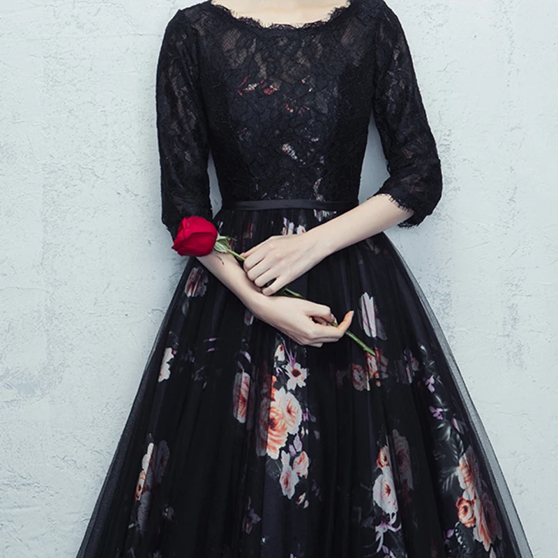 DONGCMY LONG FORMAL EVENING DRESSES BLACK COLOR FLOWER WOMEN PARTY ELEGANT PLUS SIZE FLOOR-LENGTH VESTIDOS ROBE GOWN