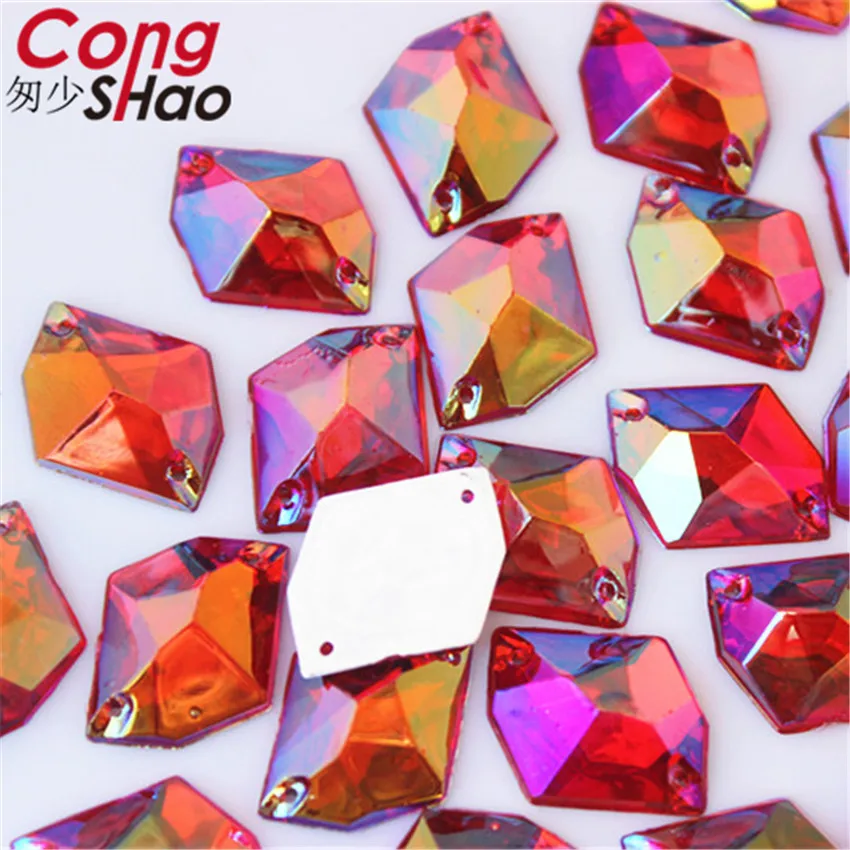 Cong Shao 100pcs 13*17mm AB Color cosmic shape flatback Acrylic rhinestone stones crystals sewing 2 Hole costume Button CS606