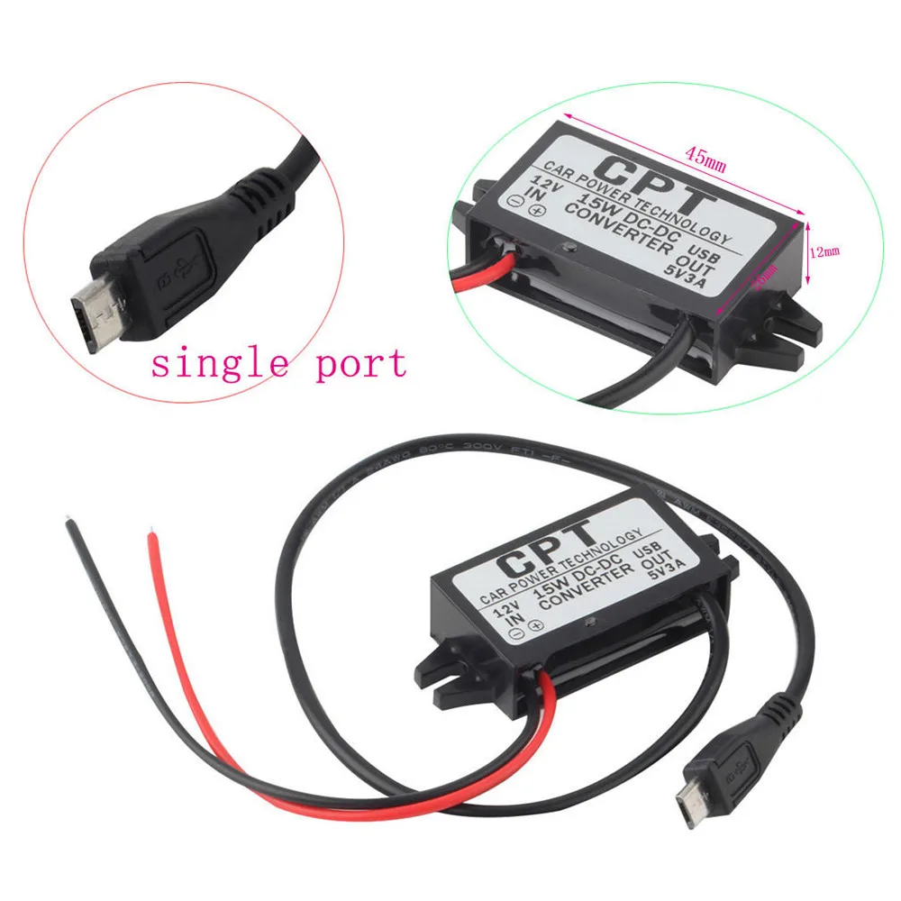 Fuente de alimentación para coche, convertidor reductor de potencia de 12V a 5V, 3A, 15W, macho y hembra, Micro USB, Mini adaptador USB, protección