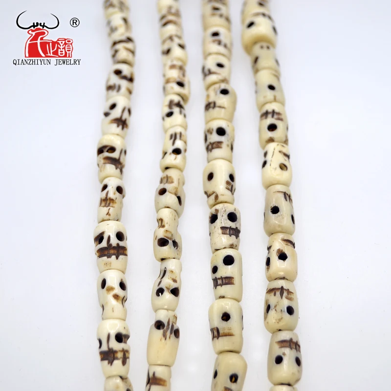 20PCS Handmade Carved Tibet Yak Bone Beads, Skull Antique Beads for Halloween Jewelry Making, White,6x12mm,7x12mm  Hole: 2mm