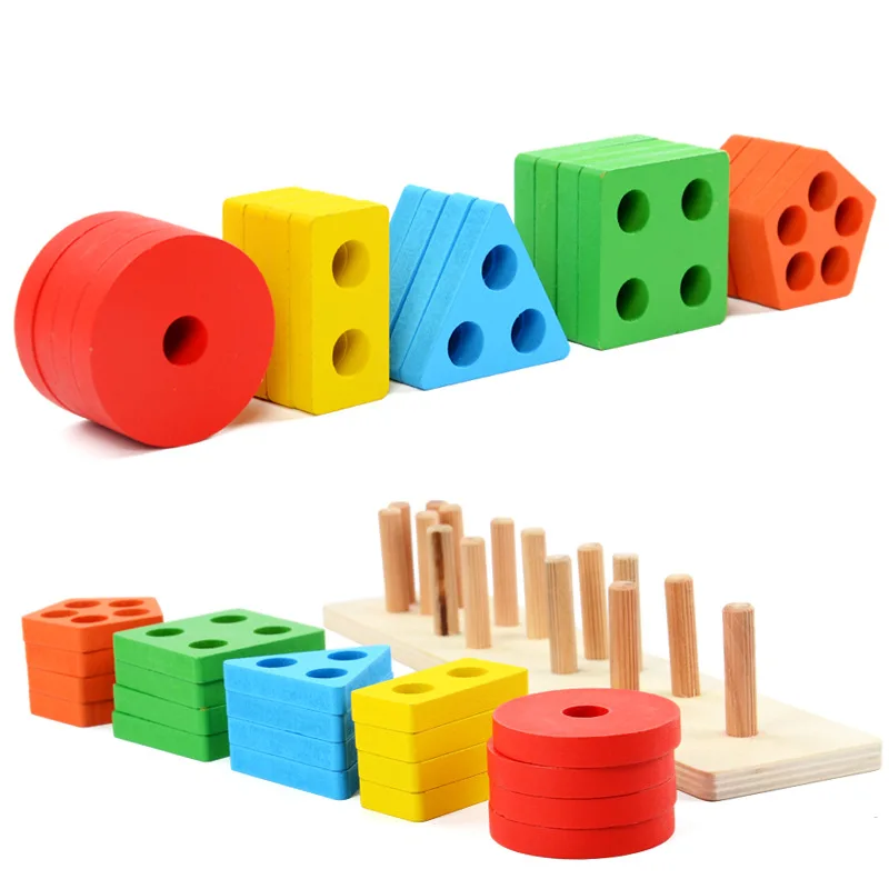 

Early childhood education Wooden 3D Geometry Shape Multifunctional Geometric Sleeve pair shape Column Matching Block Toy gift