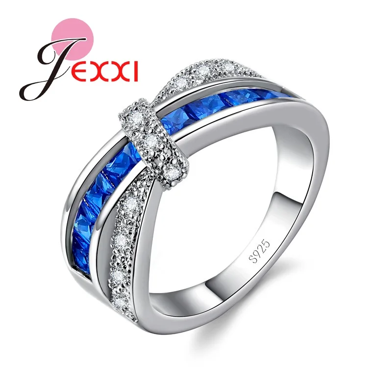 Linked Together Style Blue Clear Crystal Rings For Women Lady Stamped 925 Sterling Silver Needle Ring Jewelry For Wedding Bands