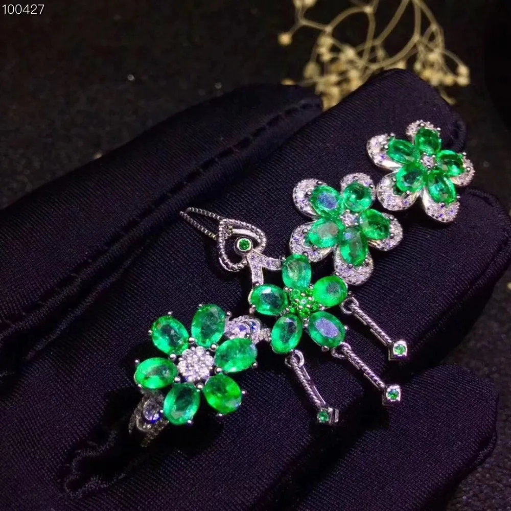 Flower Style Natural and Real Emerald jewelry set Natural Real Emerald 925 sterling silver 1pc pendant,1pc ring ,2pcs Earring