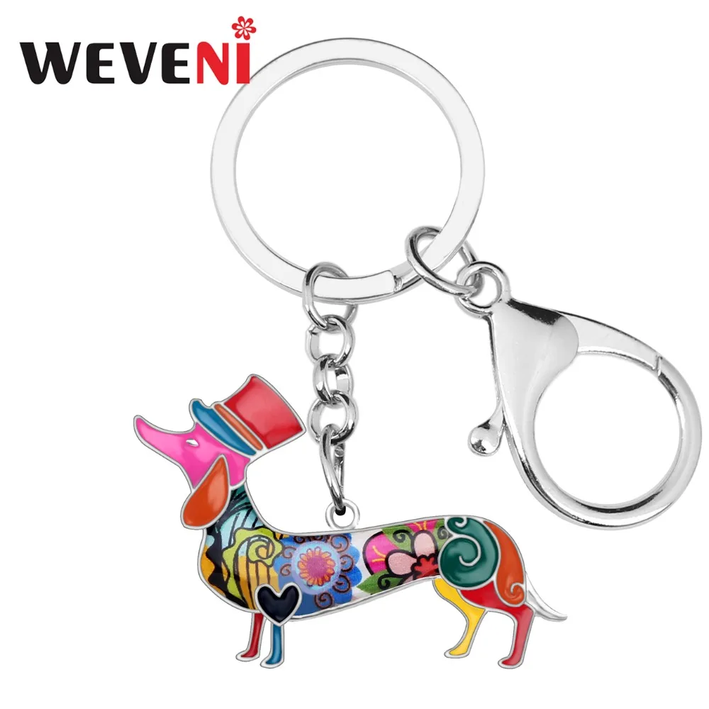 WEVENI Metal Alloy Elegant Hat Dachshund Dog Key Chains Keychain keychain Enamel Pendant Jewelry For Women Girls Hot Car Pendant