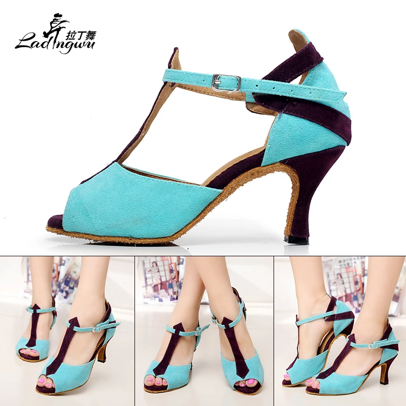 Ladingwu Green/Light Blue Flannel Shoes For Ballroom Dancing Samba Performance Dance Shoes Latin Woman Size 35-44