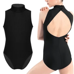 Kids Teens Sleeveless Mock Neck Professional Ballet Dancewear Girls Gymnastics Leotard Gym Workout Bodysuit Performance Costume