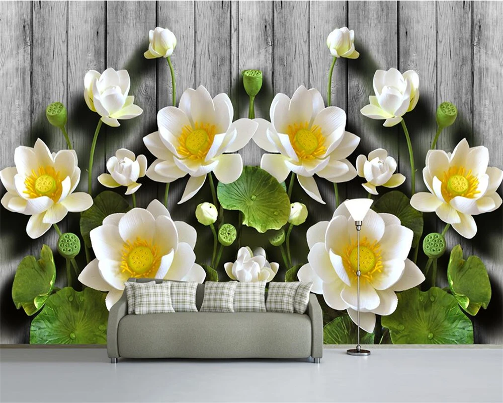 

Beibehang Custom wallpaper green relief lotus wood grain 3d tv sofa background walls living room bedroom murals 3d wallpaper