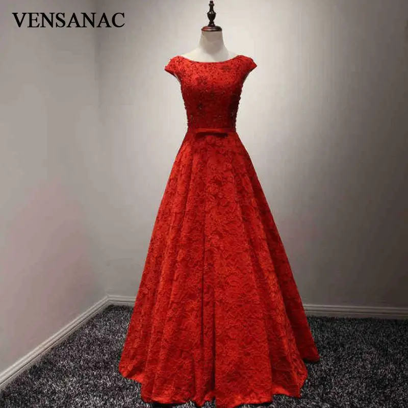 

VENSANAC New A Line Embroidery O Neck Long Evening Dresses Beadings Short Sleeve Bowknot Sash Crystals Party Prom Gowns