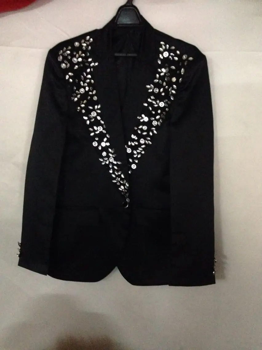 Free ship 100%real mens black lace embroidery rhinestone beading tuxedo jacket/event/stage performance/can customs size