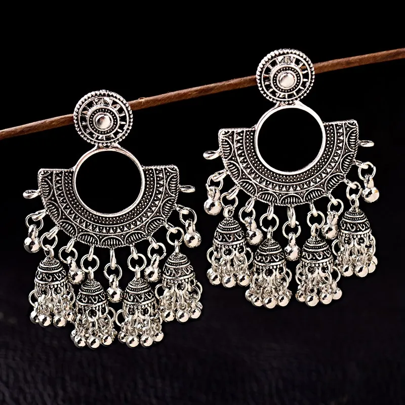 

2019 Vintage Silver Color Sector Indian Earrings For Women Ethnic Tassel Jhumka Earrings Classical Statement Earrings Ohrringe