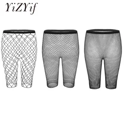 YiZYiF Women Legging Half Pants Black Fishnet Mesh See Through High Waisted Knee Length Slim Fit Leggings Cycling Short Hot Pant