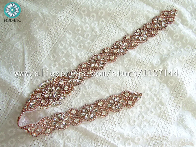 (30pcs) Wholesale hand beaded bridal sash iron on rose gold crystal rhinestone appliques for wedding dresses sash belt WDD0414