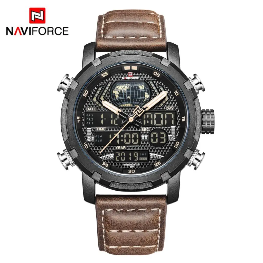 NAVIFORCE Mens Watches Top Brand Luxury Sport Watch Men Leather Strap 30M Waterproof Miliary Dual Display Wrist Watch Clock 2023