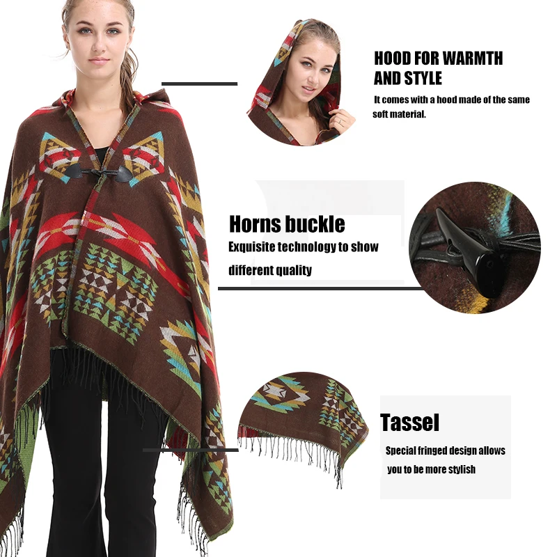 Poncho con capucha de punto de estilo moderno para mujer, bufanda sin mangas con borlas, abrigo bohemio, Pashmina informal con cuernos y hebilla,