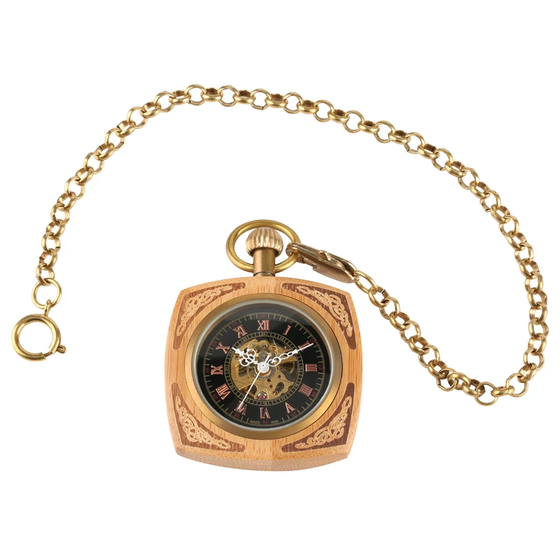 Retro Unique Royal Red Wooden Bamboo Hand Winding Mechanical Pocket Watch Square Dial with 30cm Gold Chain Men Hour Clock Gifts